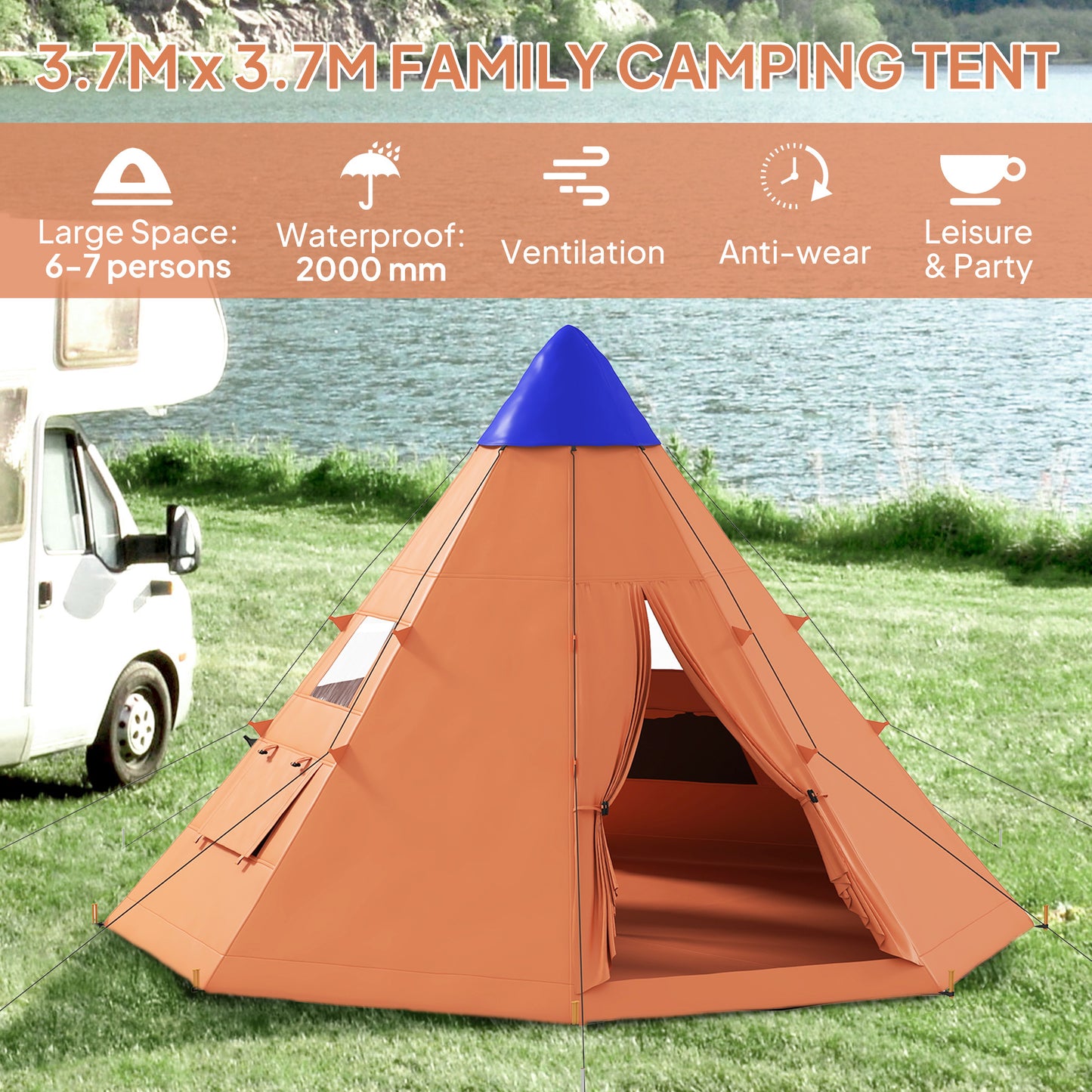 Outsunny 6 Men Tipi Tent with Carry Bag - Orange