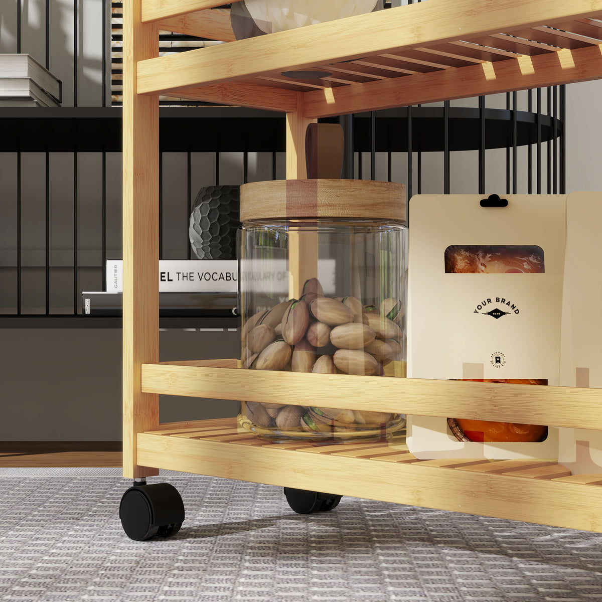 HOMCOM 3-Tier Bamboo Storage Trolley on Wheels with Handle for Kitchen, Office, Bathroom