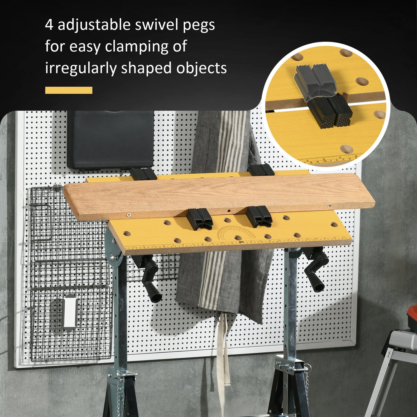HOMCOM Portable Folding Workbench with Adjustable Height & Angle, Work Bench with 4 Adjustable Clamping Pegs, Beige