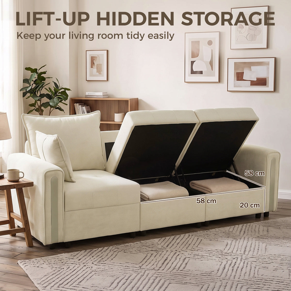 HOMCOM 3 Seater Sofa with Lift-Up Storage, 228cm Comfy Velvet Couch with Wide Deep Seat, Beige