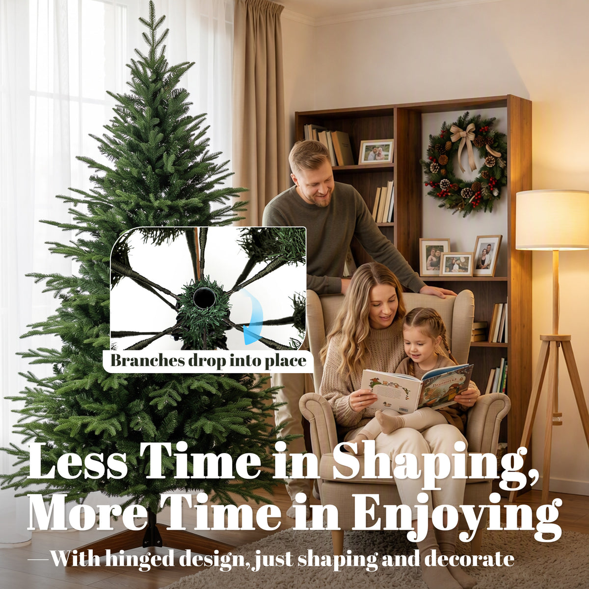 HOMCOM 7ft Artificial Christmas Tree Full Hinged Xmas Tree Solid Pine Wood Stand, Green