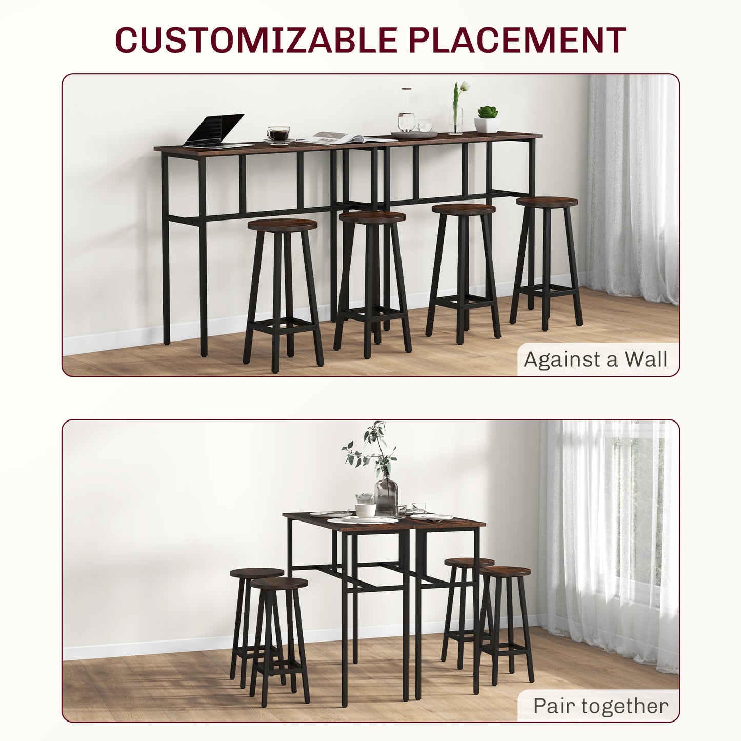 HOMCOM 6-Piece Bar Table Set, Counter Height Kitchen Dining Set with 2 High Tables & 4 Stools, Space Saving Compact Bar Furniture for Small Kitchens and Flats, Multiple Arrangements, Rustic Brown