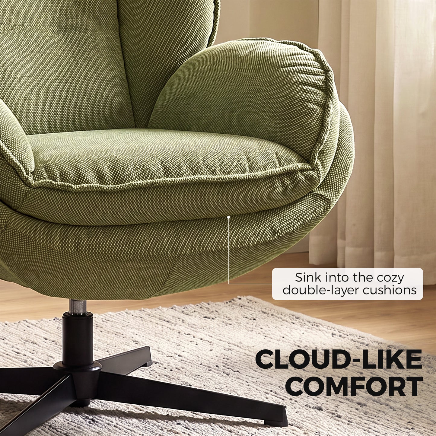 HOMCOM Armchair with Adjustable Footstool, 360Â° Swivel Chenille Cloud Accent Chair with Thick Cushion, Steel Base, Green