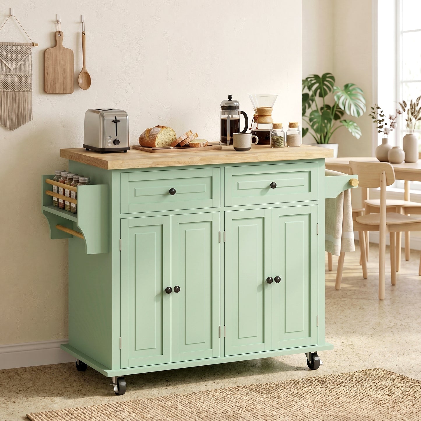 HOMCOM Rolling Kitchen Island Storage Trolley with Rubber Wood Top & Drawers for Dining Room, Light Green