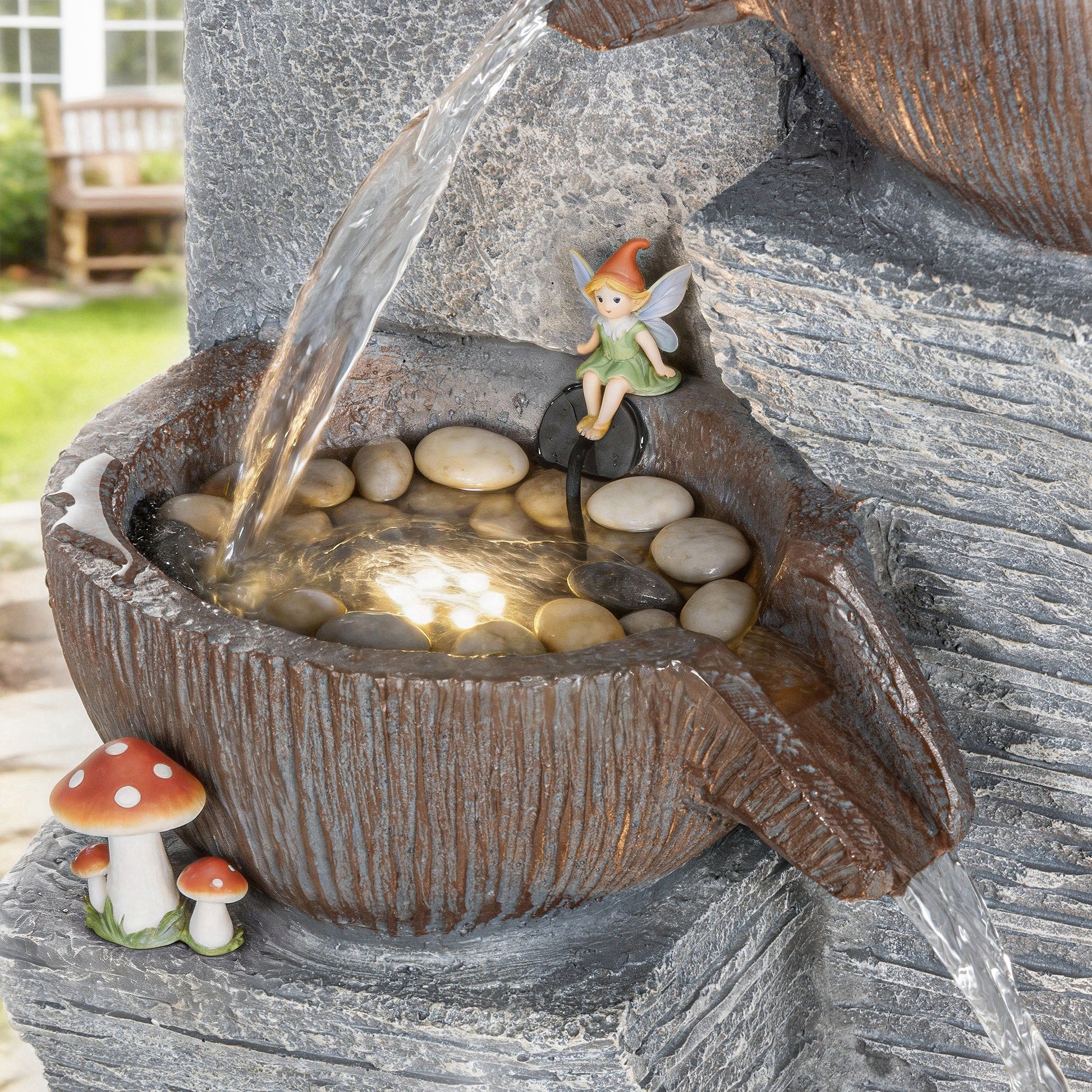 Outsunny Outdoor Fountain with 5-Tier, Garden Fountain with LED Lights, Adjustable Flow, Grey and Rustic Brown