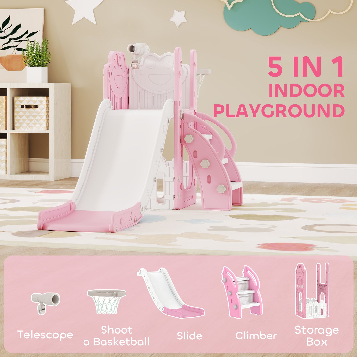 AIYAPLAY 5 in 1 Kids Slide Set with Basketball Hoop, Climbing Frame, Telescope, Storage Box for Toddlers Ages 1-3, Pink
