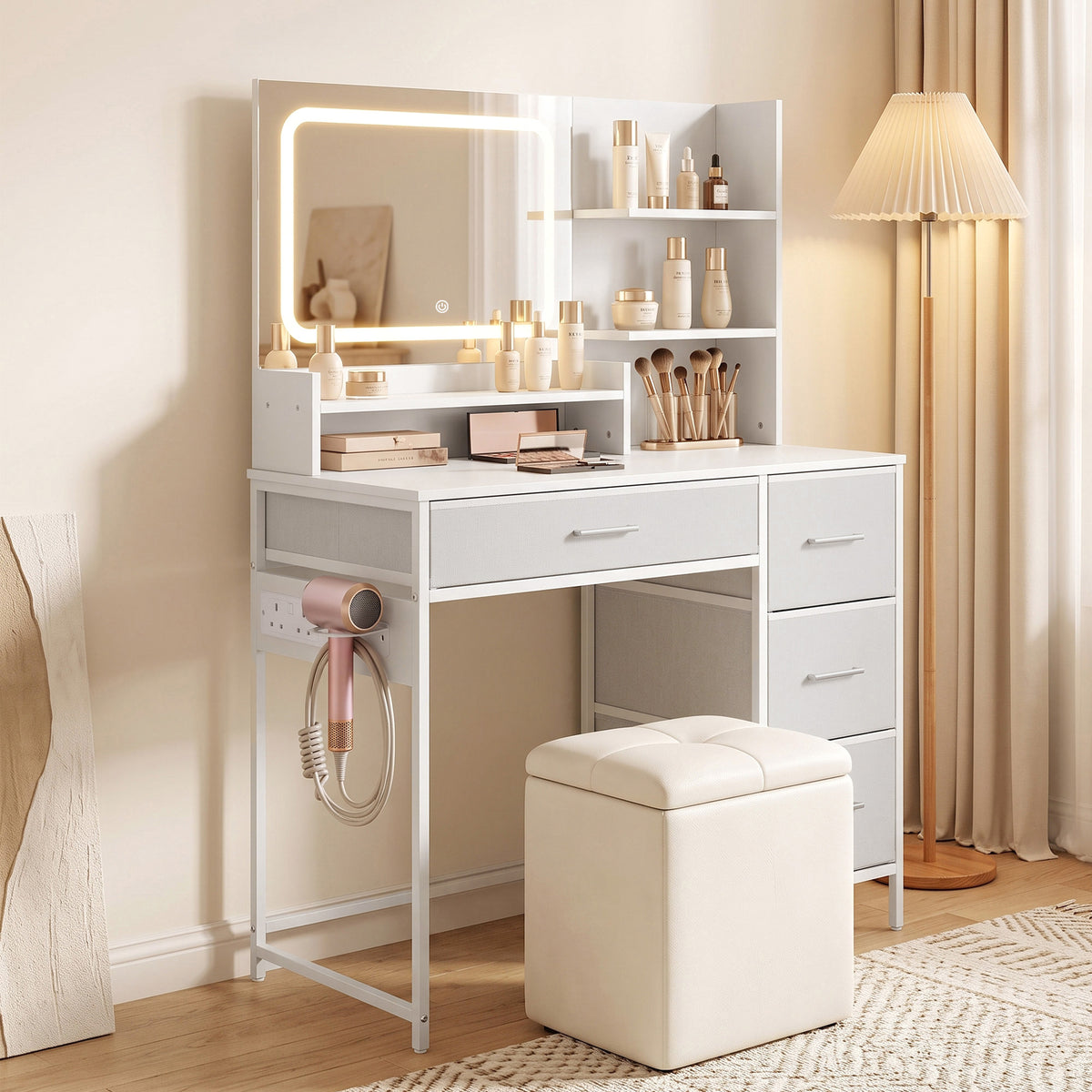 HOMCOM Dressing Table with 3-Colour LED Mirror, Power Outlet, Vanity Desk with 4 Drawers, 5 Shelves, Hair Dryer Holder