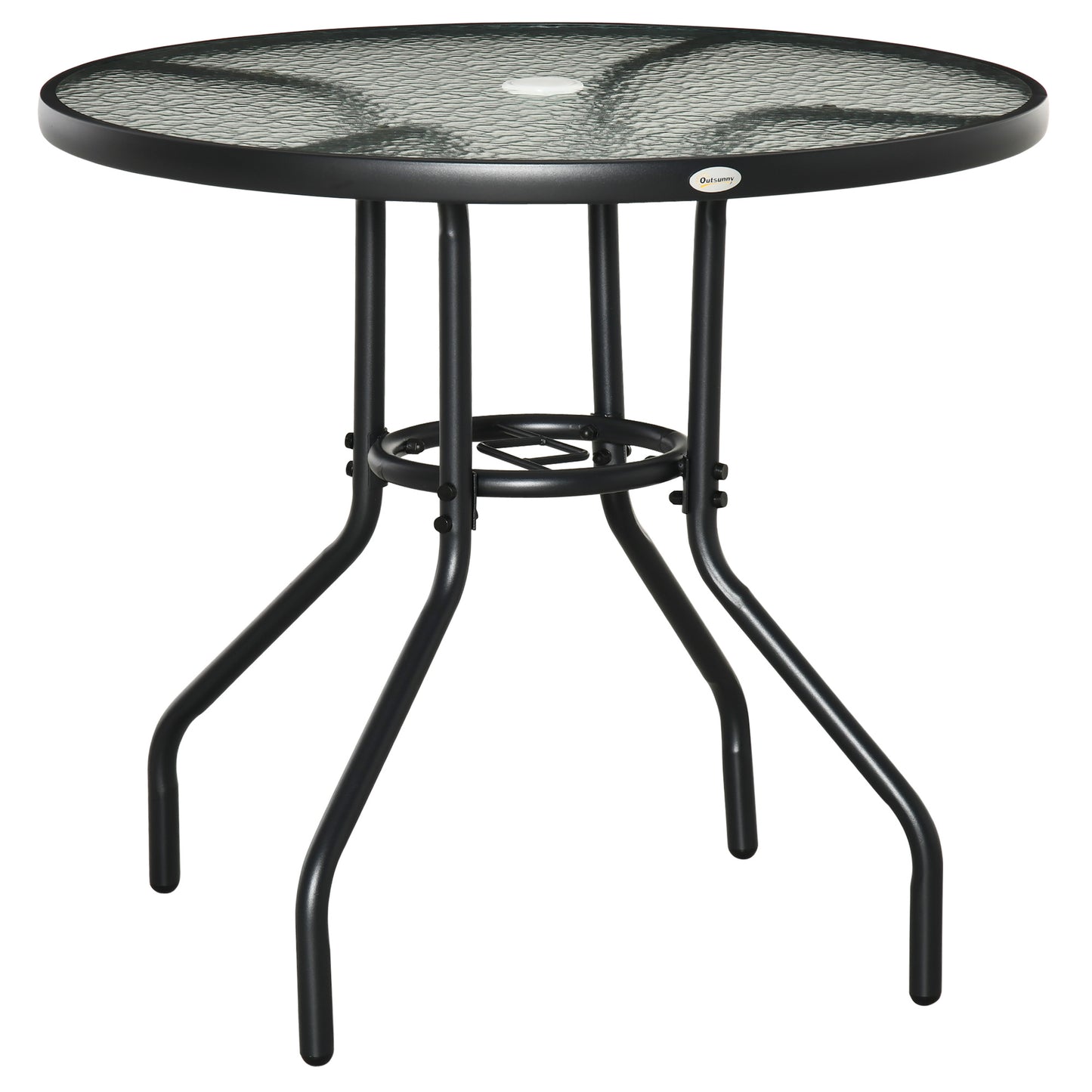 Outsunny Outdoor Ï†80cm Round Dining Table Tempered Glass Top Steel Frame Bistro Coffee End Side Table Garden w/ Parasol Hole