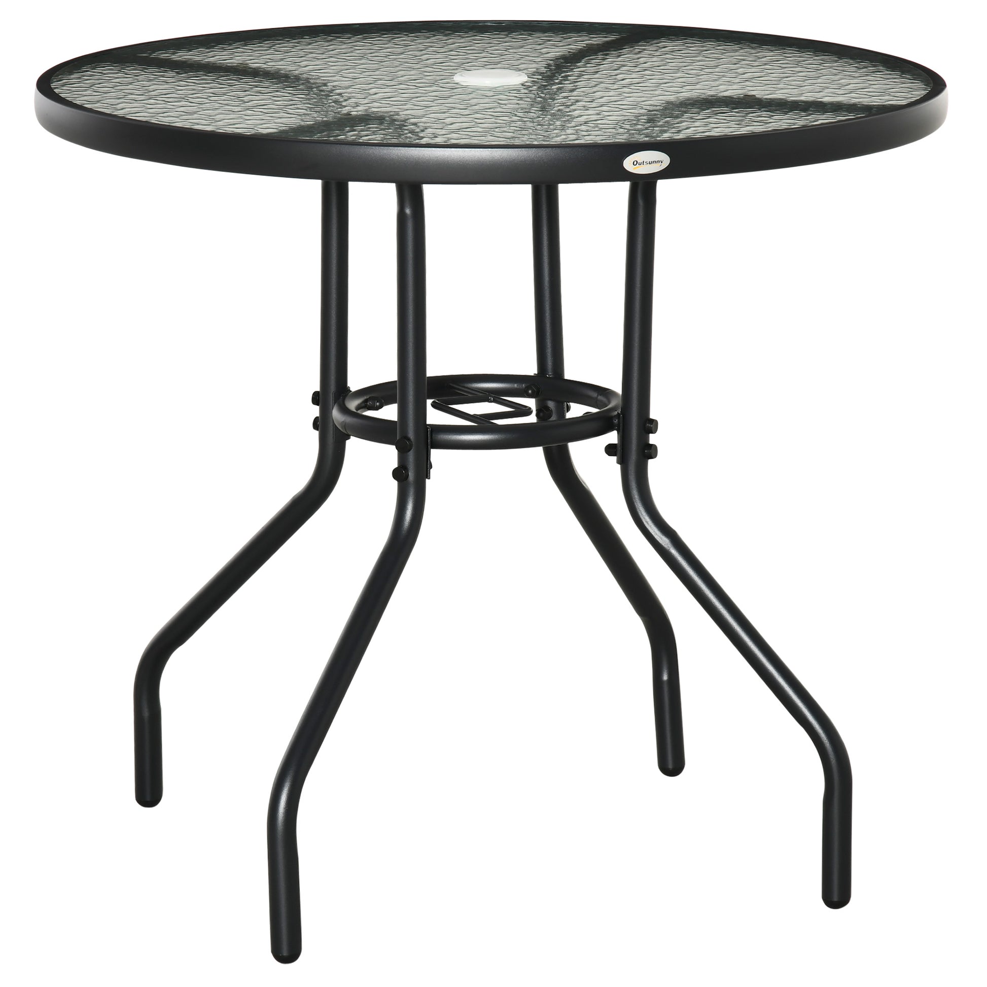 Outsunny Outdoor Ï†80cm Round Dining Table Tempered Glass Top Steel Frame Bistro Coffee End Side Table Garden w/ Parasol Hole