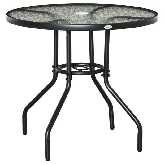 Outsunny Outdoor Ï†80cm Round Dining Table Tempered Glass Top Steel Frame Bistro Coffee End Side Table Garden w/ Parasol Hole