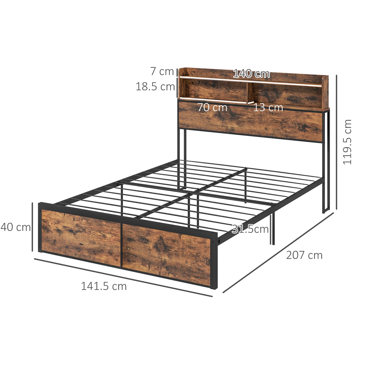 HOMCOM Industrial Double Bed Frame, 4.6FT Steel Bed Base with Storage Headboard, Footboard, Slatted Support and Under Bed Storage, 141 x 207cm, Rustic Brown