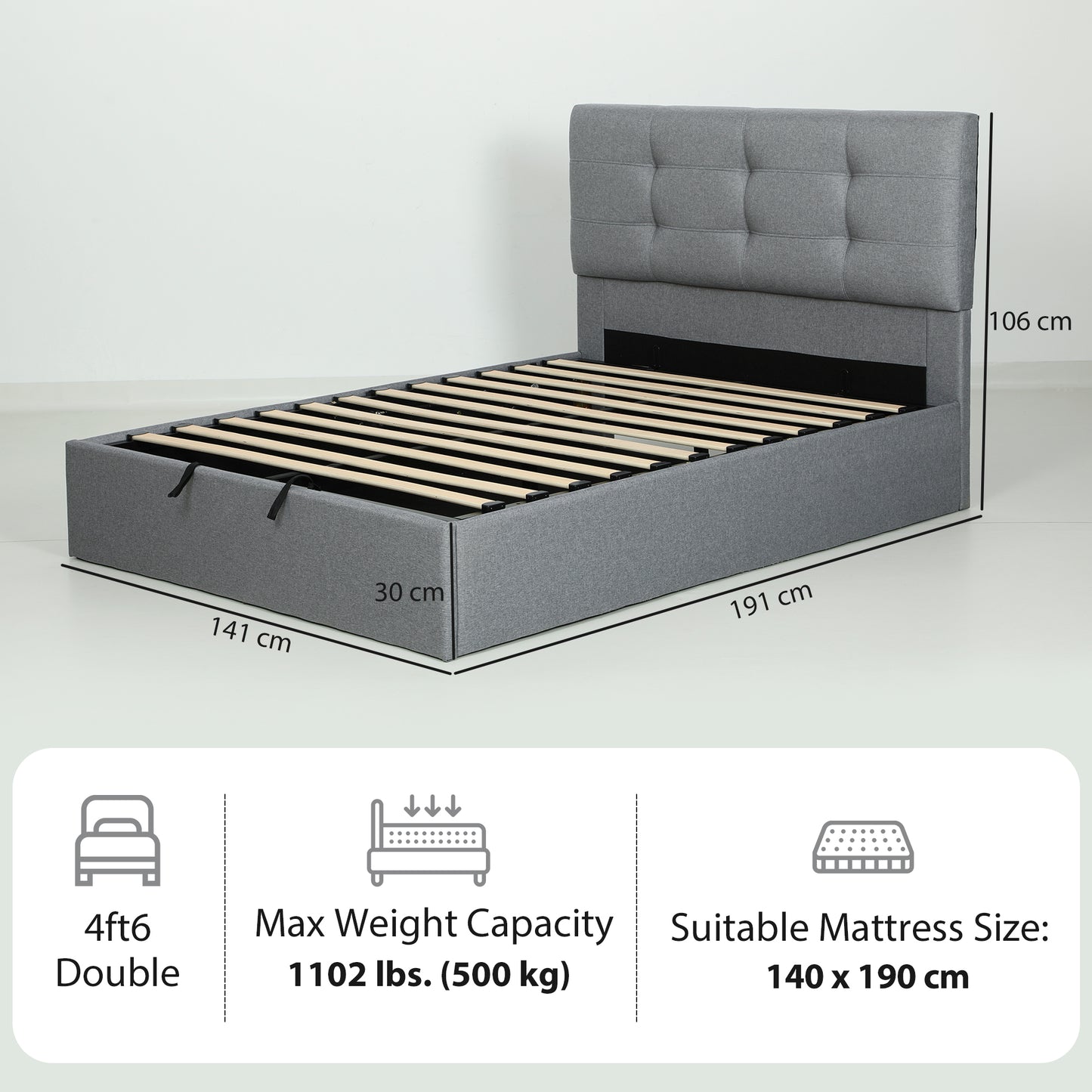 HOMCOM 4ft6 Double Ottoman Bed with Gas Lift Storage - Grey