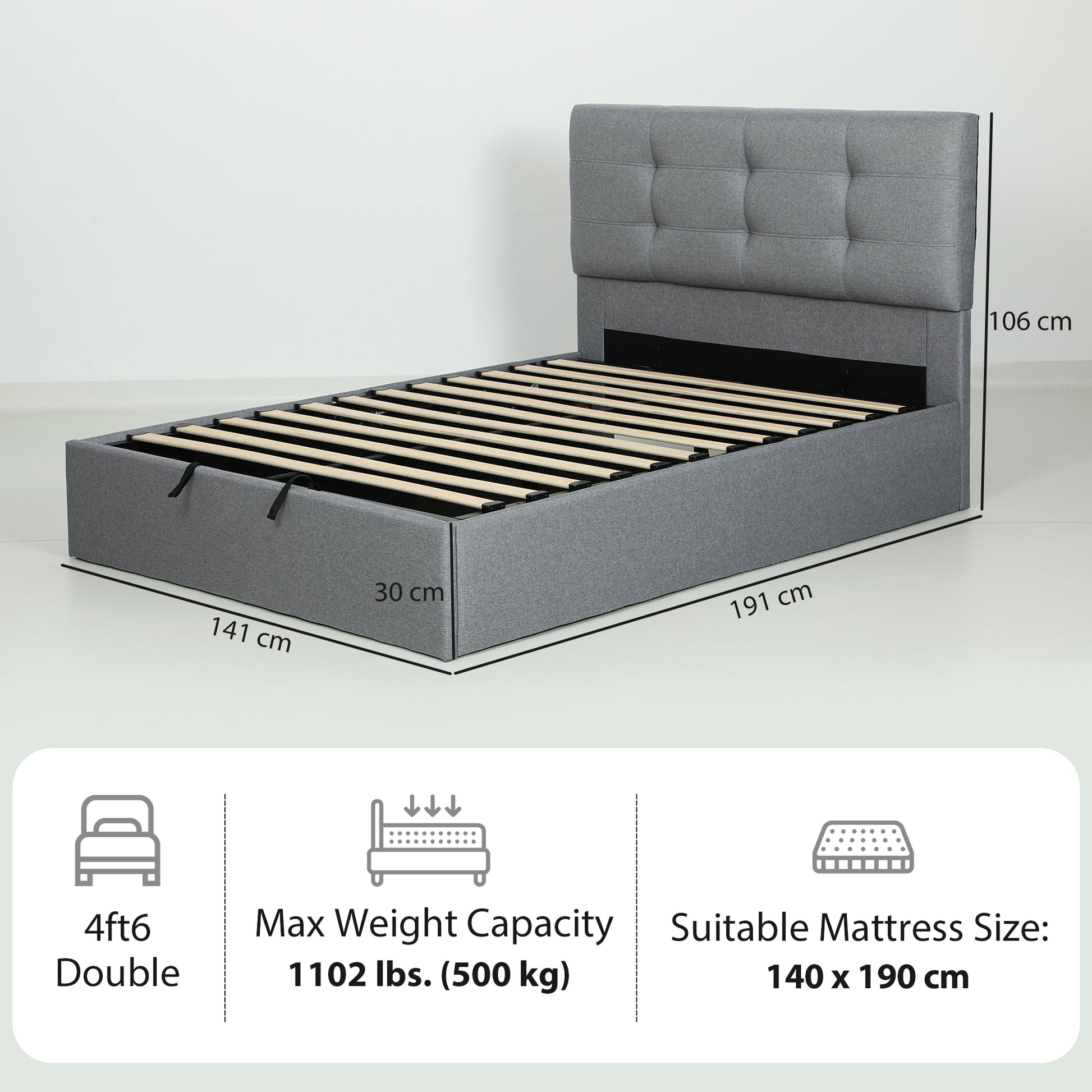 HOMCOM 4ft6 Double Ottoman Bed with Gas Lift Storage - Grey