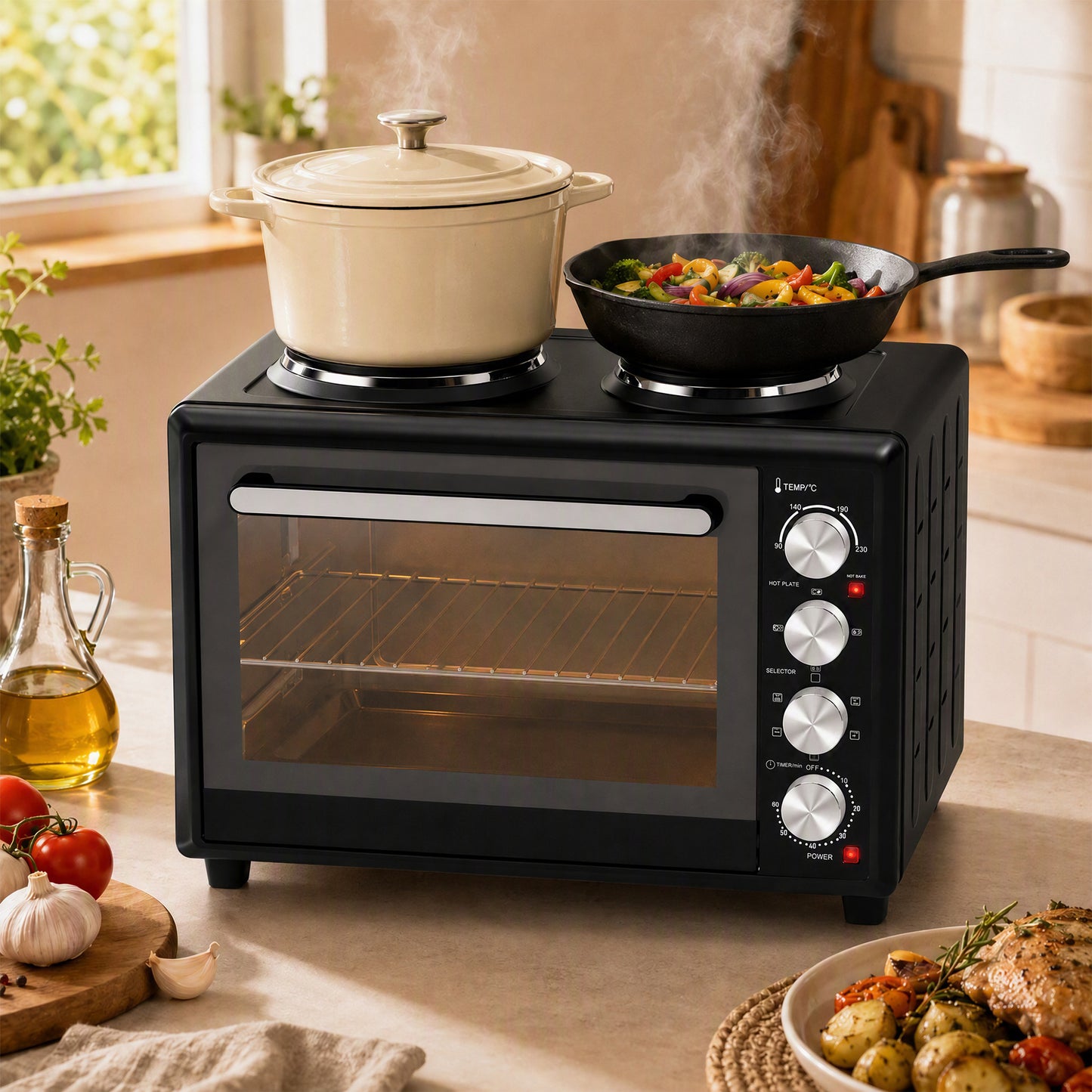 HOMCOM 36L Mini Oven with Dual Hot Plates, Electric Countertop Cooker with Convection, 90â€“230Â°C Adjustable Temperature