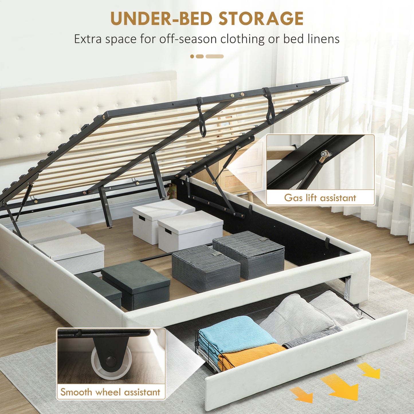 HOMCOM King Size Ottoman Bed Frame, with Front Drawer - Cream