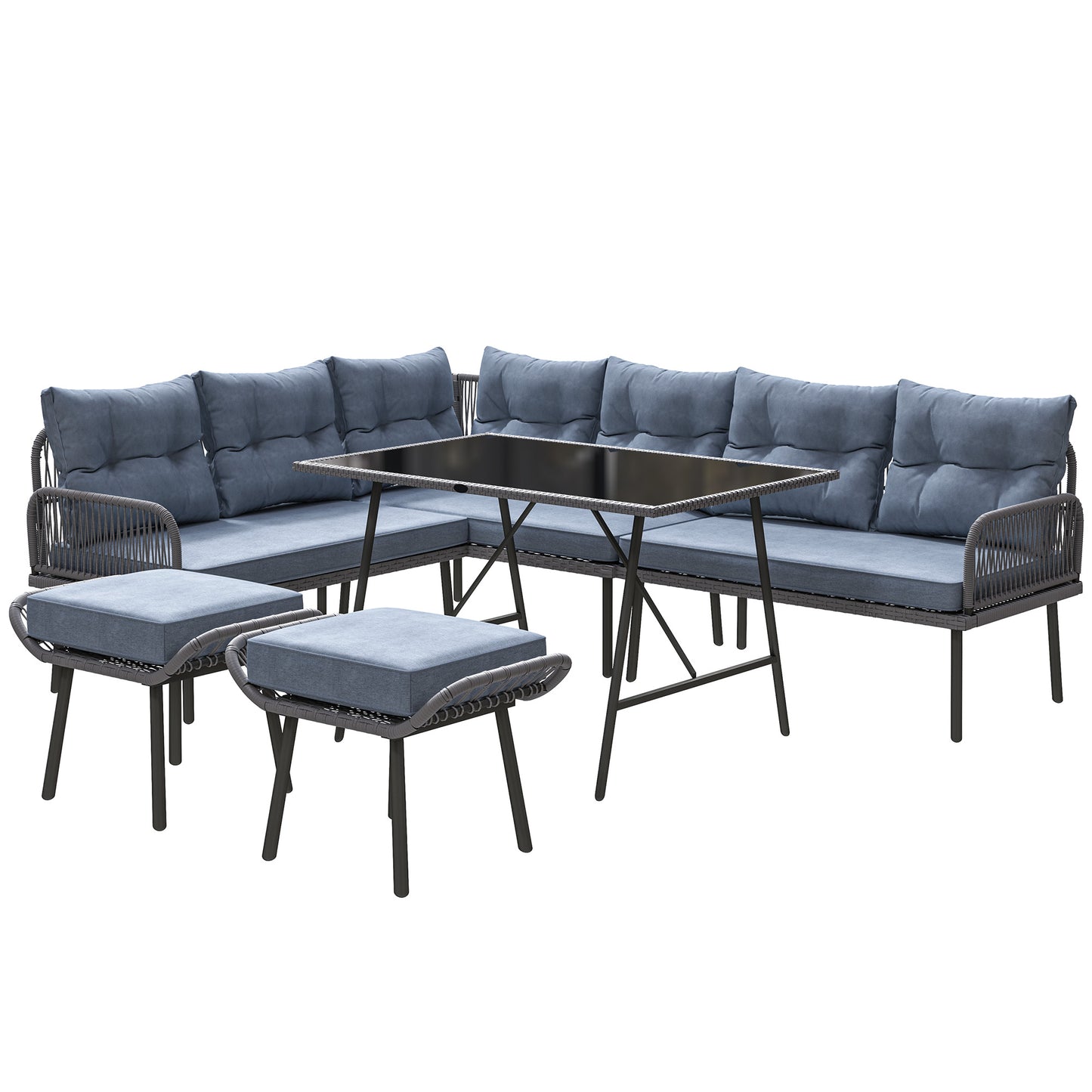 Outsunny 6 Piece Rattan Garden Furniture Set, 8 Seater Garden Corner Sofa with Cushions and Glass Top Table, Sectional Outdoor Furniture Conservatory Set for Patio, Charcoal Grey Default Title