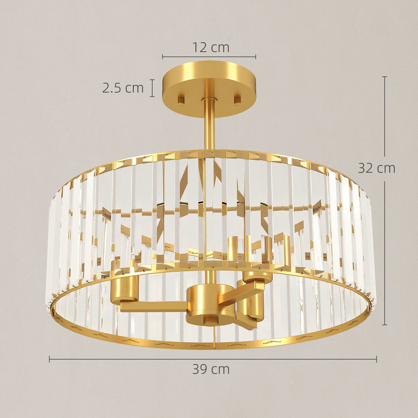 HOMCOM Crystal Ceiling Light Fixture, Semi Flush Mount Modern Crystal Chandelier Ceiling Light for Living Room, Bedroom, Hallway, Dining Room, E14 Base 3-Lights, Bulbs Not Included, Gold Tone