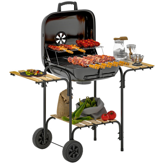 Outsunny Charcoal Barbecue Grill Portable BBQ Grill with 1840 cmÂ² Cooking Area, 3 Shelves, Adjustable Vent, Lockable Lid, Wheels for Outdoor Cooking, Garden Party, Black