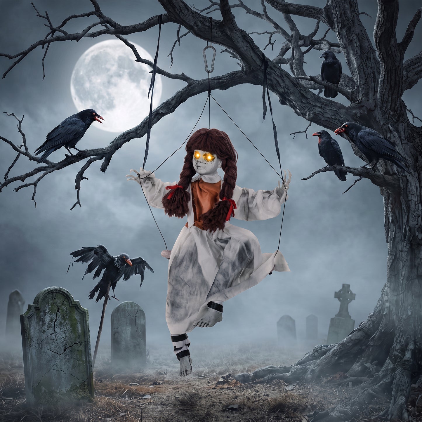 HOMCOM 80 cm Halloween Animated Hanging Creepy Girl on Swing Decoration, Kicking Legs, Sound and Touch Activated