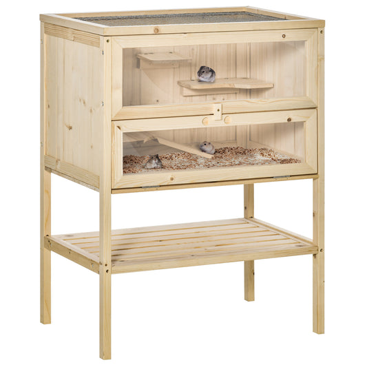 PawHut Wooden Hamster Cage with Storage Shelf, Small Animal Exercise Play House Gerbil Cage with Openable Top, Ramp for Gerbils, Drawf Hamsters, 60 x 40 x 80 cm - Natural
