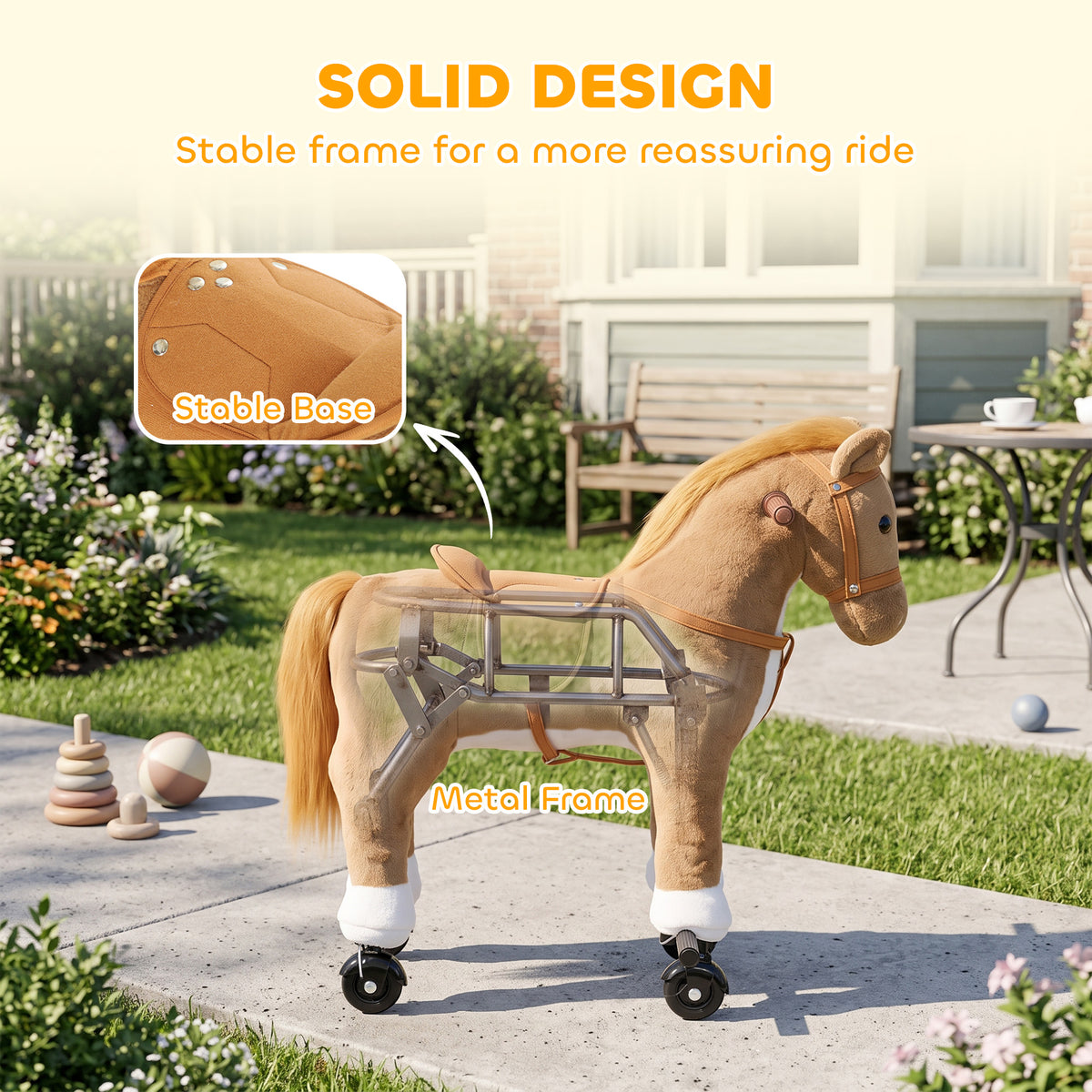 AIYAPLAY Rocking Horse, Plush Ride On Horse with Hoof Sounds, Music, Rolling Wheels and Pedal for 3-7 Years, Up to 50kg, Brown