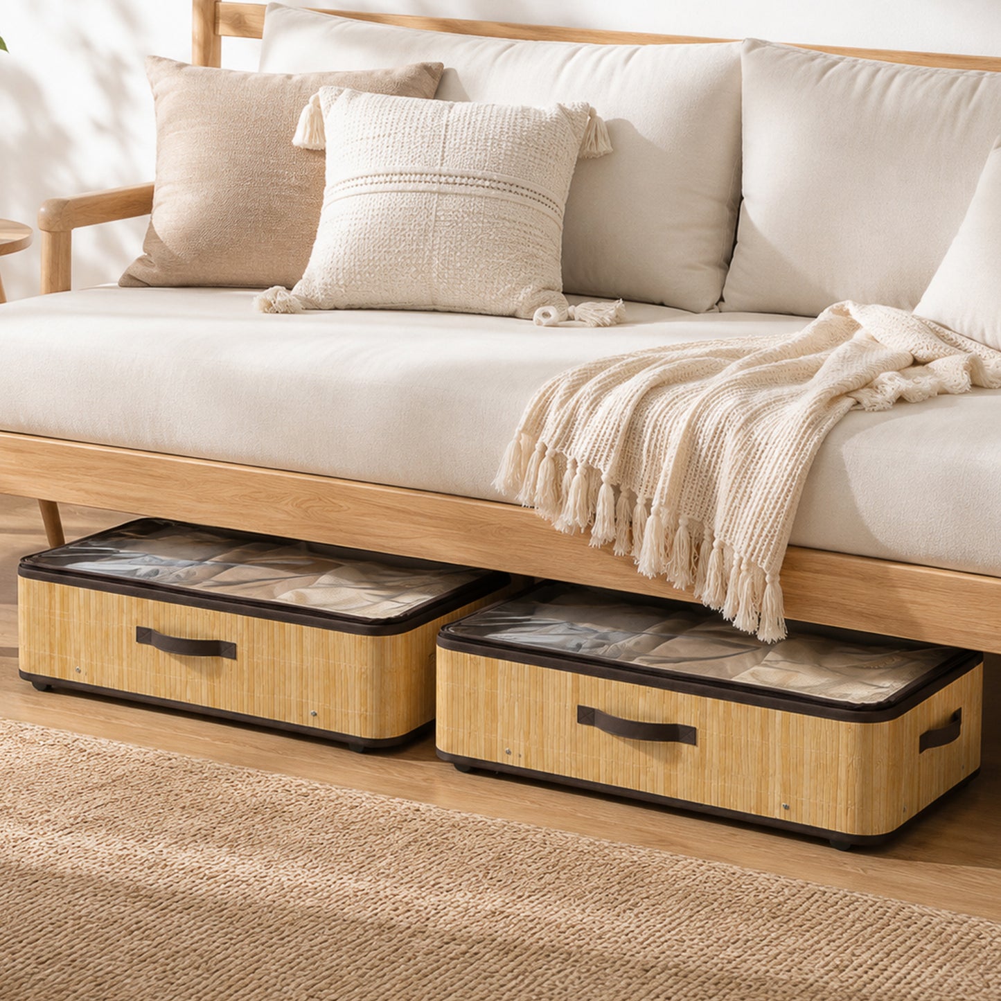 HOMCOM 60L Under Bed Storage with Wheels Pack of 2, Underbed Storage Box with Clear Lid Cover and Reinforced Handle, Natural