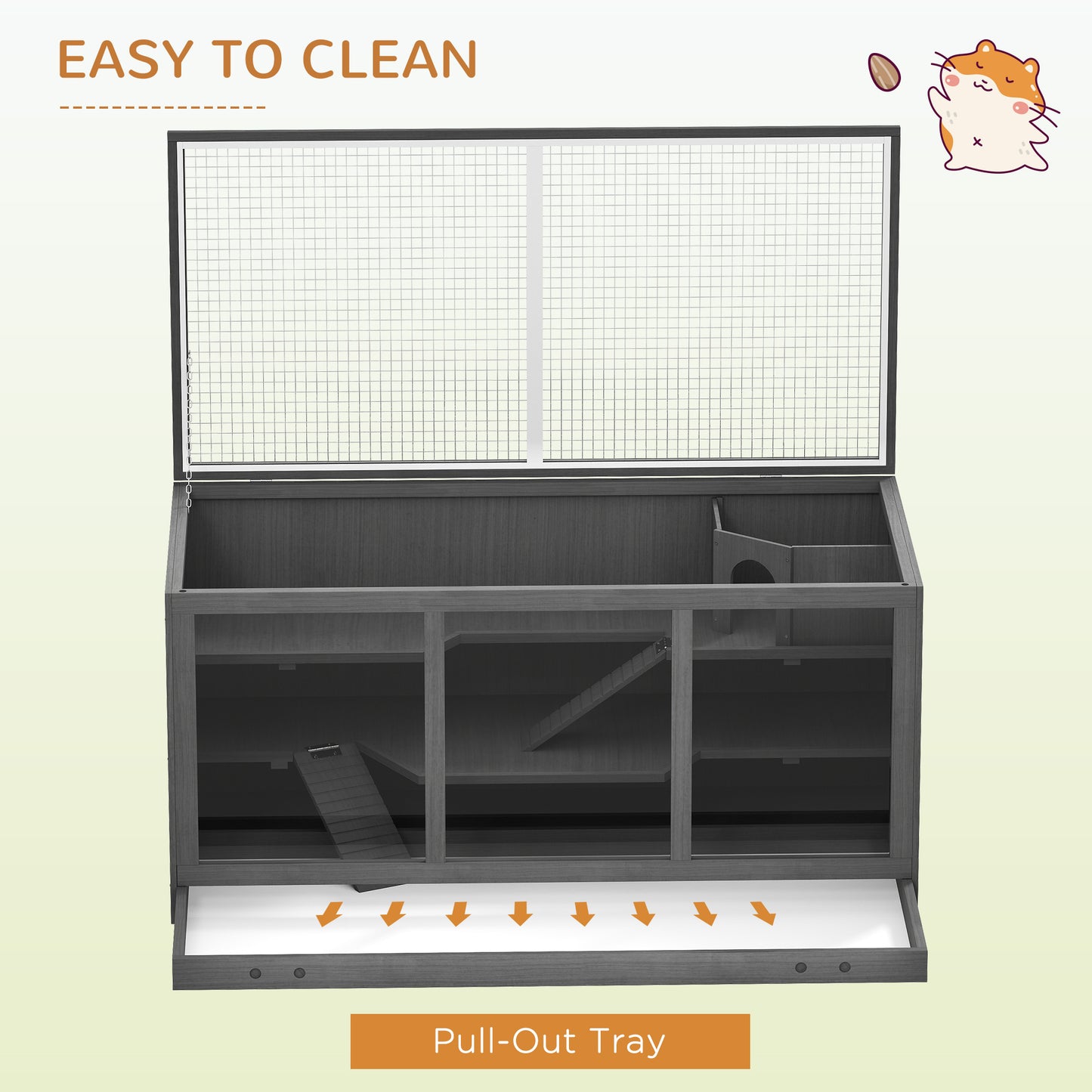 PawHut Wooden Hamster Cage, Small Animals Hutch with Tray, Openable Top, Exercise Play House Pen, 115L x 57W x 55Hcm, Grey