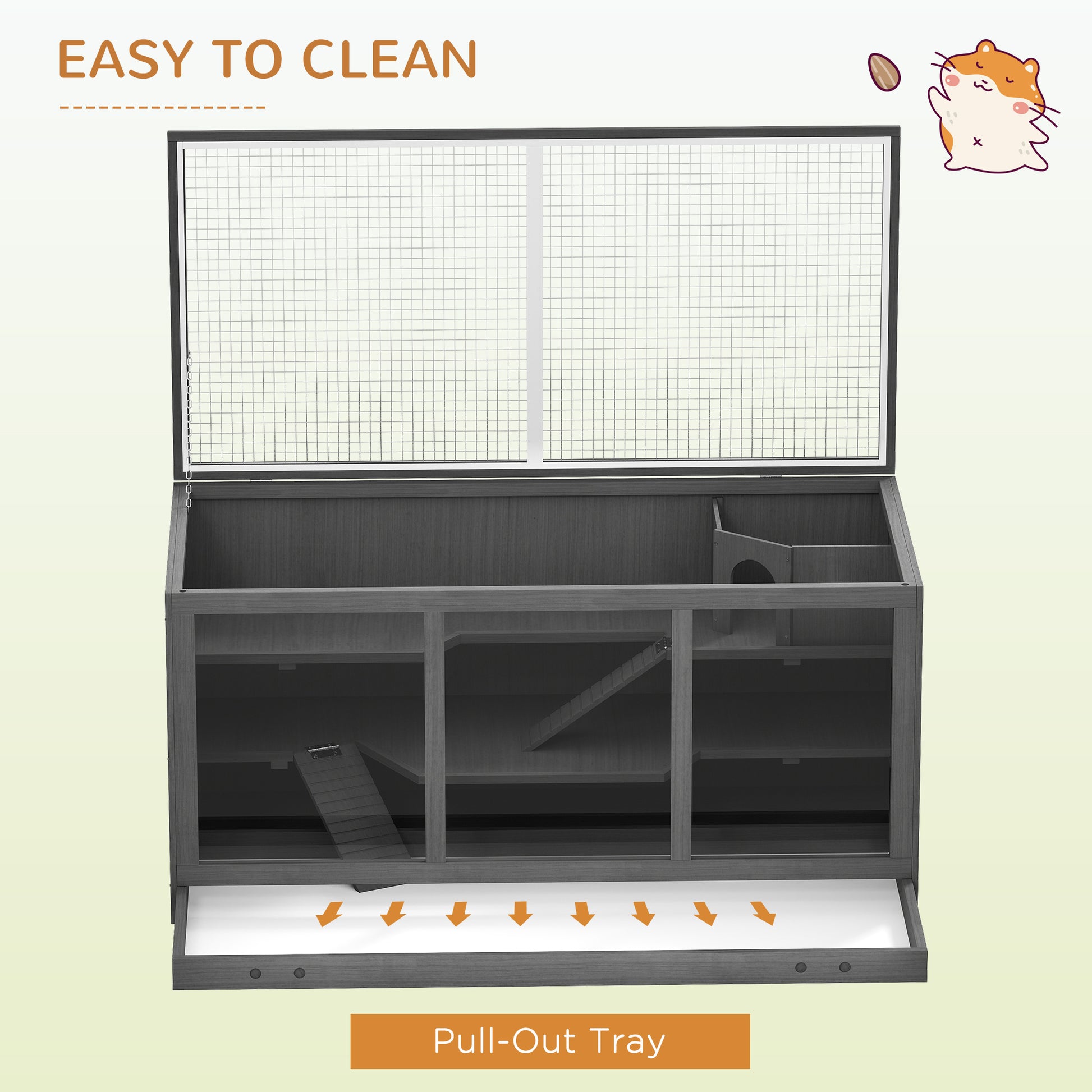 PawHut Wooden Hamster Cage, Small Animals Hutch with Tray, Openable Top, Exercise Play House Pen, 115L x 57W x 55Hcm, Grey