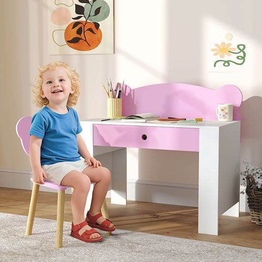 AIYAPLAY Kids Desk and Chair Set with Drawer for Drawing, Reading, Bear Theme Children Furniture for Bedroom, Daycare, Pink