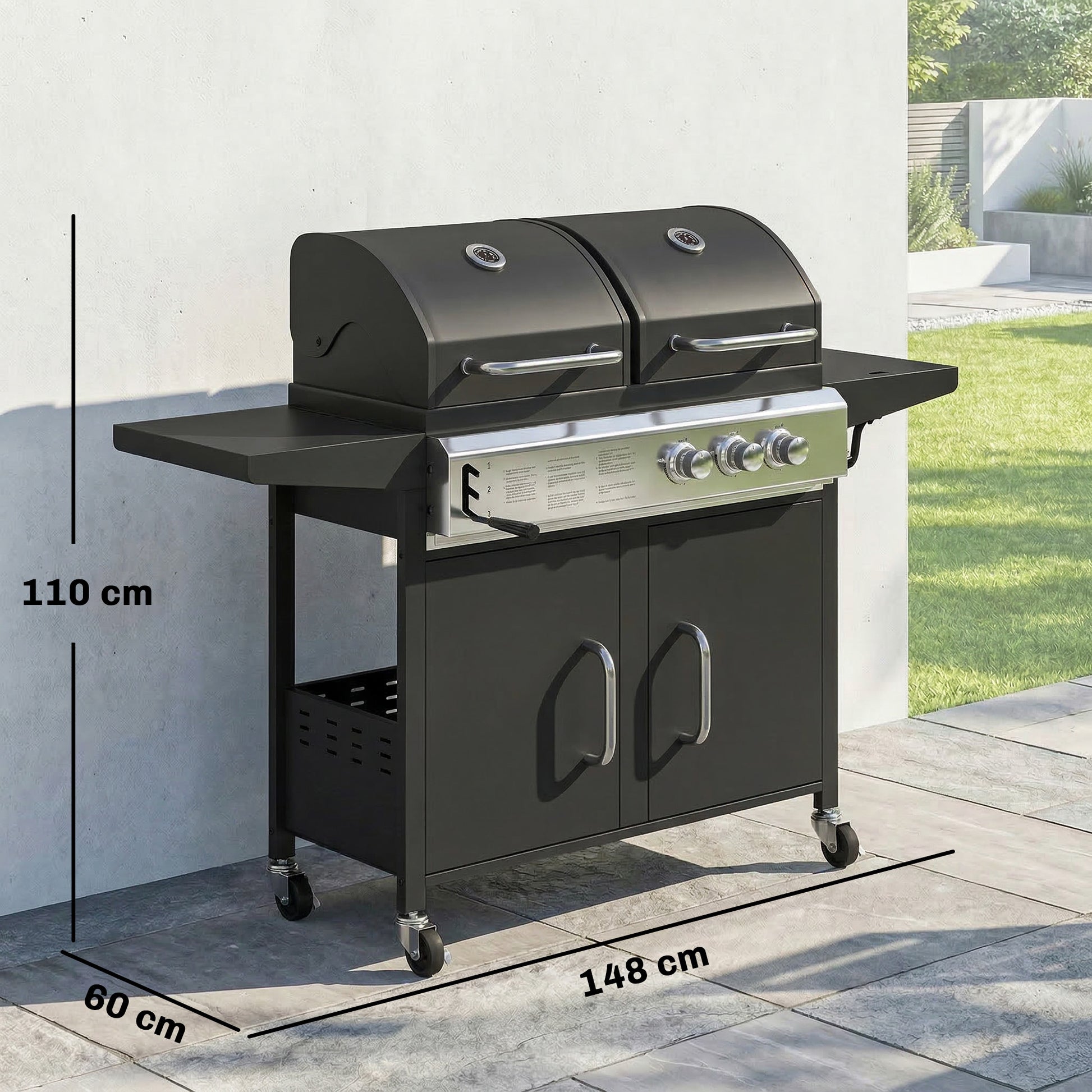 Outsunny 2+1 Burner Hybrid Dual Fuel BBQ Gas Grill, 2-in-1 Propane & Charcoal Barbecue Grill Smoker Combo with Wheels, Black