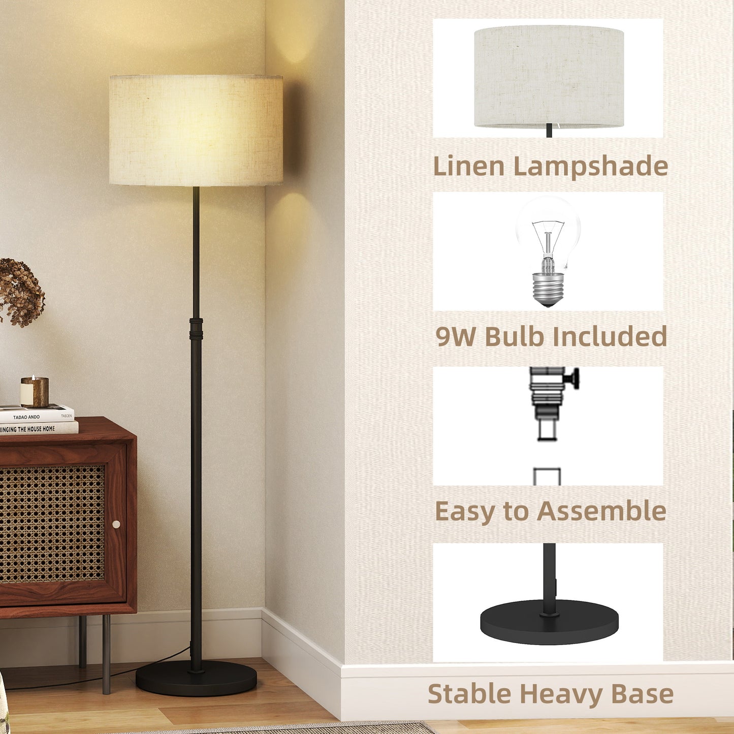 HOMCOM Floor Lamp with Remote, Height Adjustable Standing Lamp with Linen Shade, Dimmable with 3000K-6000K Adjustable Colour Temperatures, Foot Switch for Living Room Bedroom Office, Black