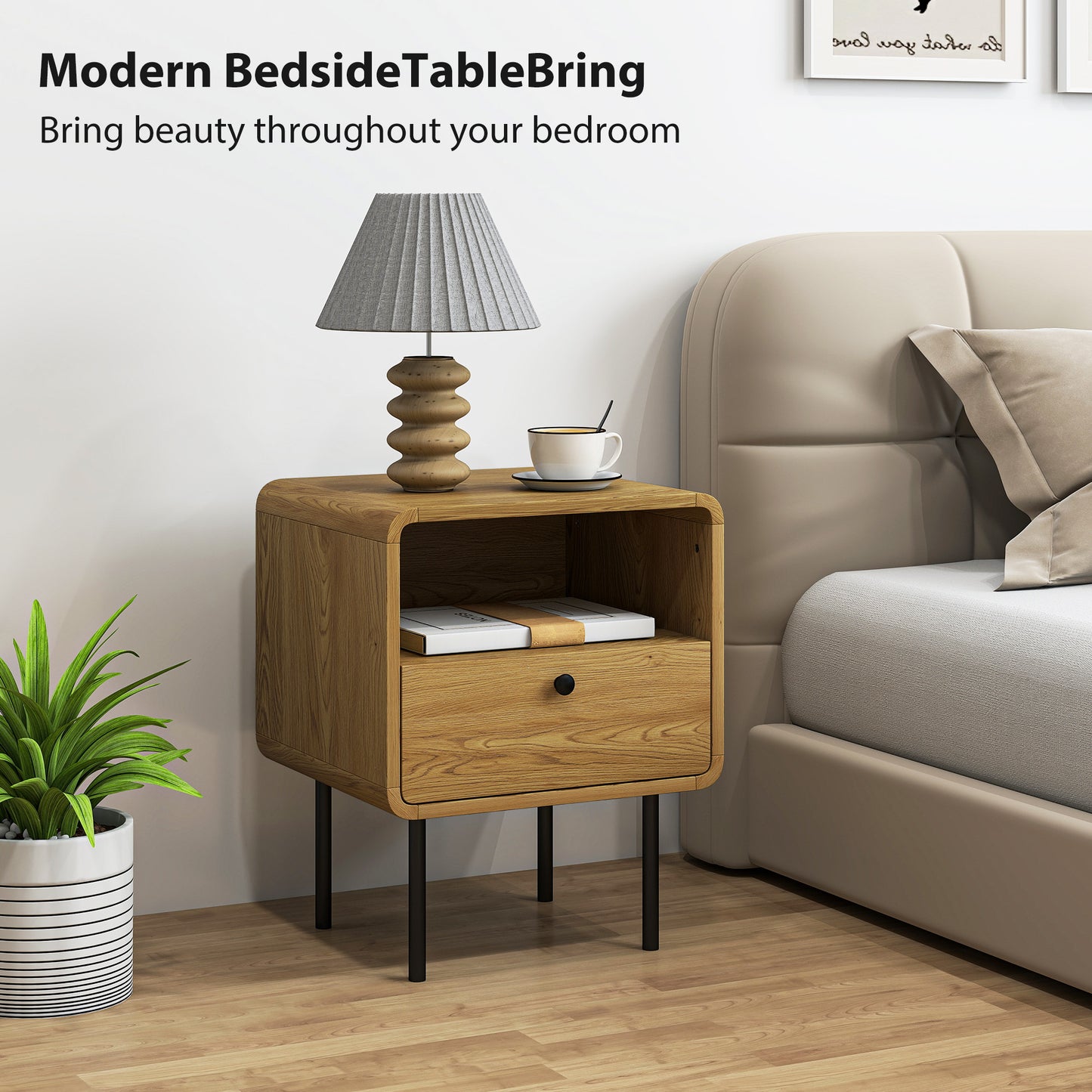 HOMCOM Bedside Table with Drawer and Open Shelf - Oak
