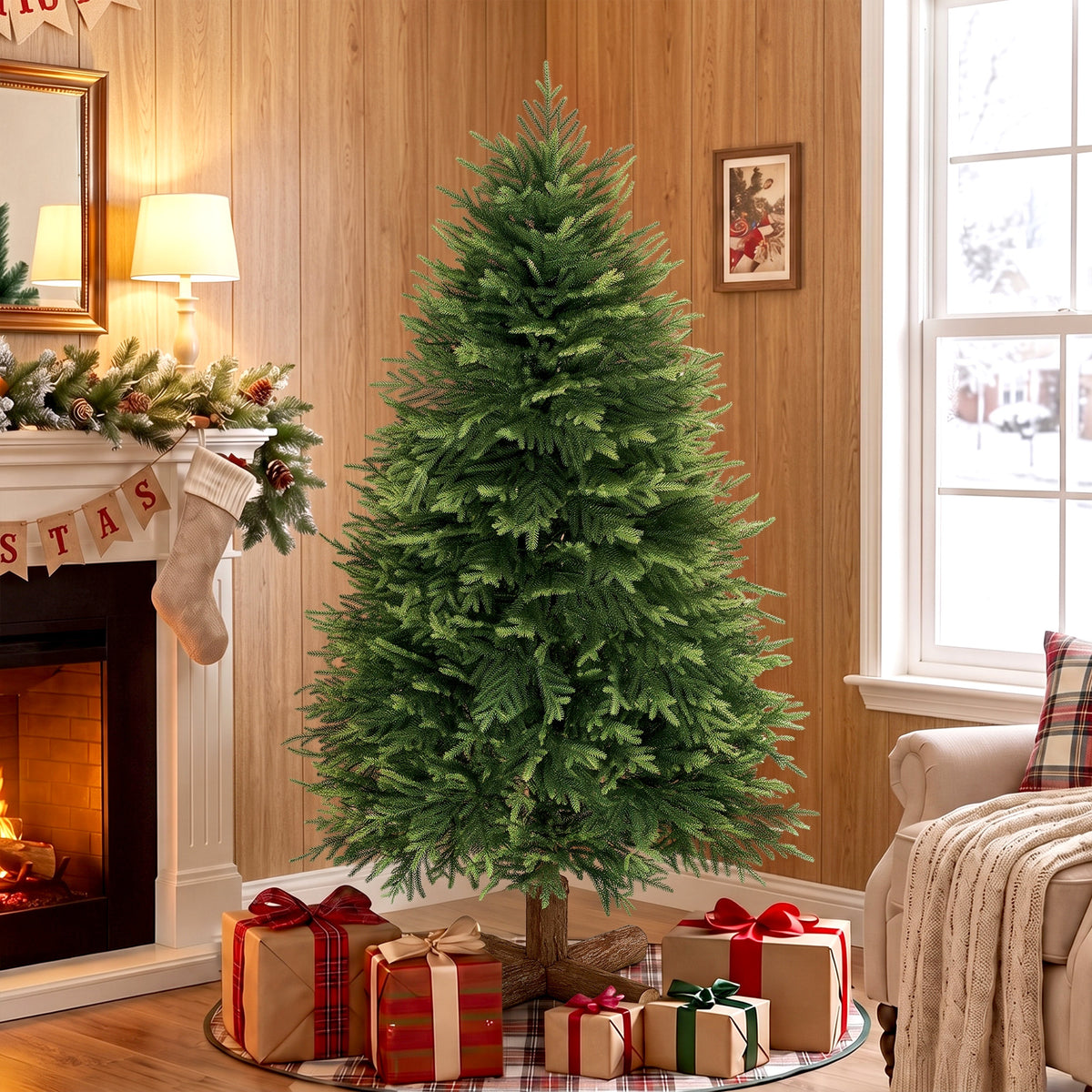 HOMCOM 5ft Artificial Christmas Tree, Hinged Xmas Tree with Realistic 513 PE & PVC Branch Tips, Fir Wood Base, Green