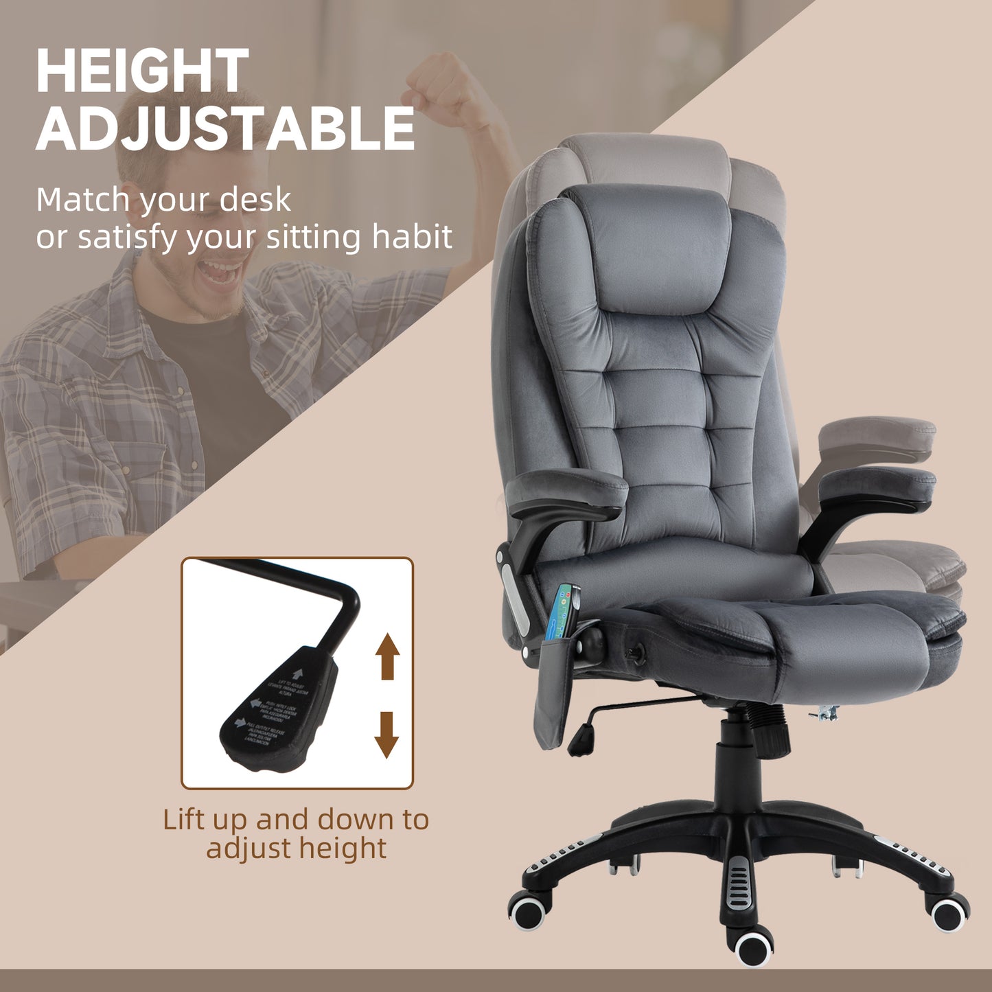 Vinsetto Massage Recliner Chair Heated Office Chair with Six Massage Points Velvet-Feel Fabric 360Â° Swivel Wheels Grey