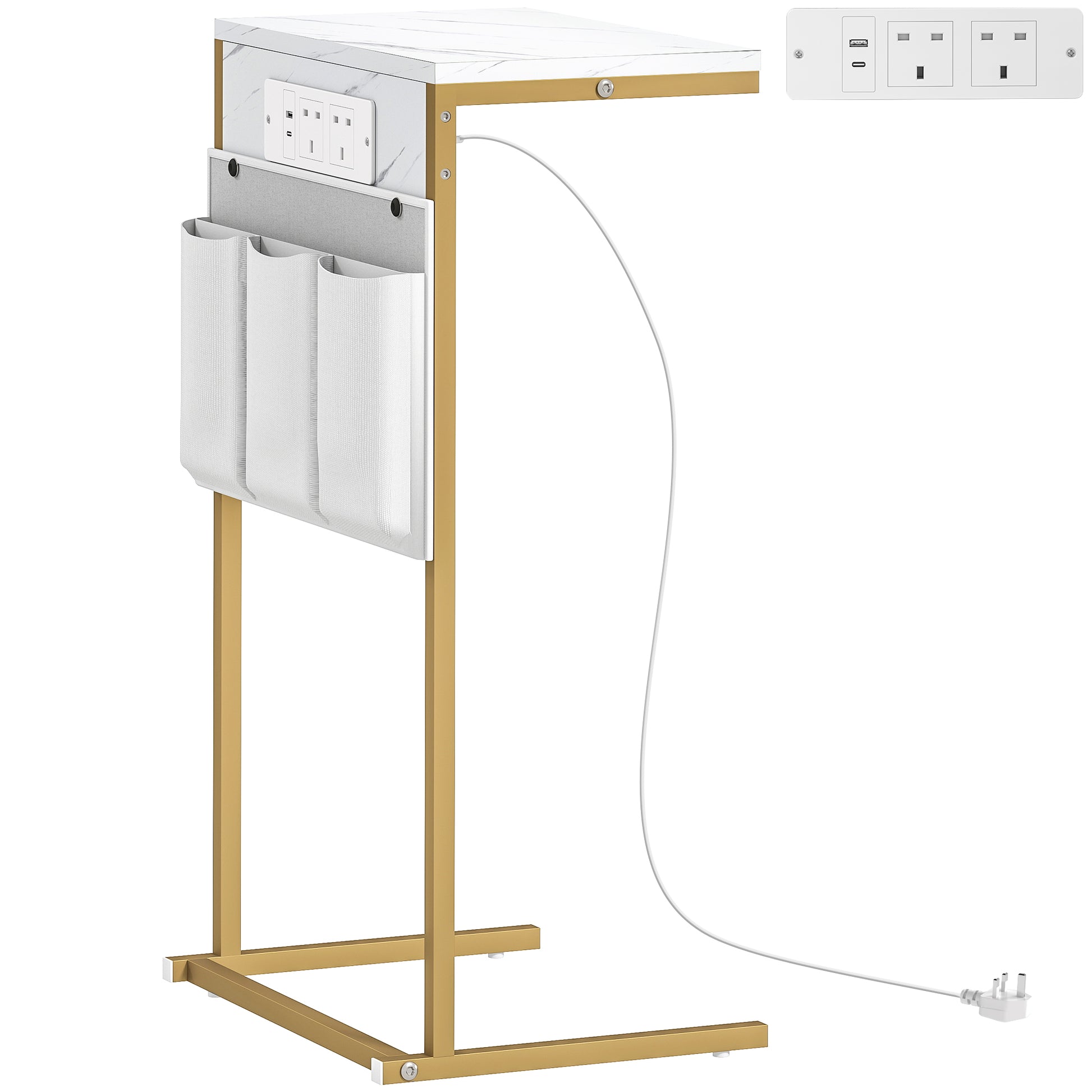 HOMCOM C-Shaped Bedside Table with Charging Station, Marble Grain Side Table with Power Outlets & USB Ports, Storage Bags, for Bedroom, Living Room, White