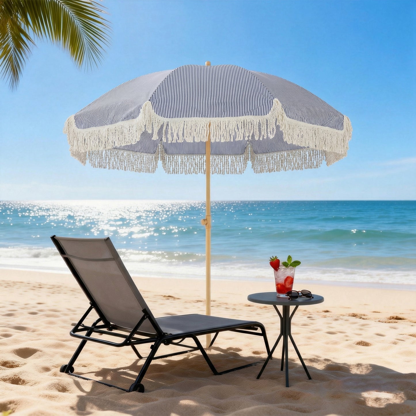 Outsunny 1.7 m Beach Umbrella with Sand Anchor, 30Â° Tilting Fringed Beach Garden Parasol with Adjustable Height, Blue