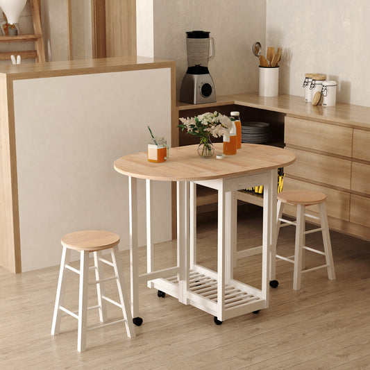 HOMCOM 3 Pieces Dining Room Set, Mobile Foldable Dining Table and 2 Stools with Storage Shelf, 2 Drawers and 6 Wheels, Drop Leaf Bar Table and Stools for Home Kitchen Pub, White