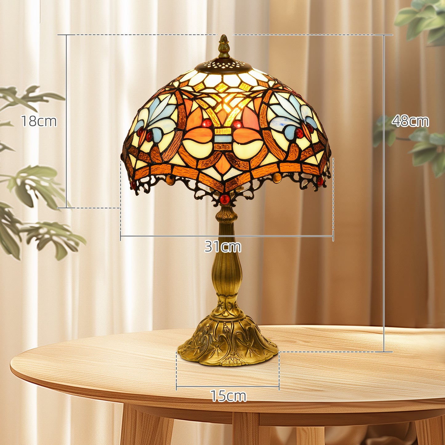 HOMCOM Stained Glass Table Lamp, Handcrafted Artisan Collectible, Suitable for Living Room and Bedside, Multi-Coloured, Ð¤30 x 48Hcm, Zinc Alloy.