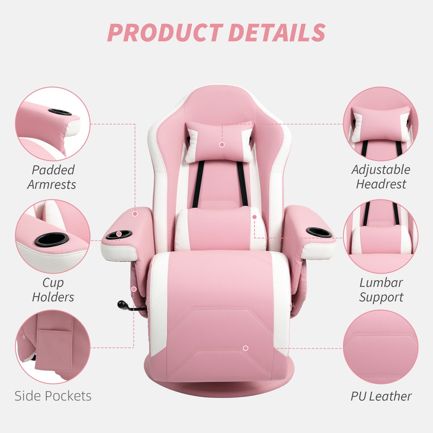 HOMCOM Manual Recliner Armchair PU Leather Lounge Chair w Adjustable Leg Rest, 135Â° Reclining Function, 360Â° Swivel, Pink