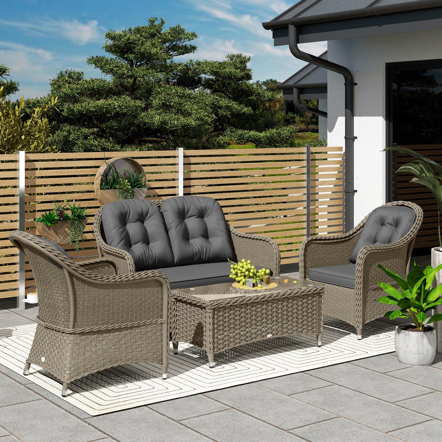 Outsunny Four-Piece Rattan Sofa Set, with Glass-Top Table - Light Grey