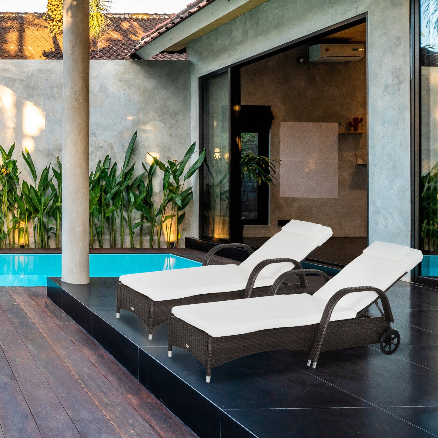 Outsunny 2PC Rattan Sun Lounger Recliner Bed Reclining Chair Patio Garden Outdoor Wicker Weave Adjustable Headrest with Fire Retardant Cushion â€“ Brown