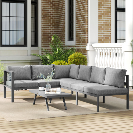 Outsunny 3 Pieces Garden Furniture Set, Aluminium Corner Lounge Set with Adjustable Backrest, Grey