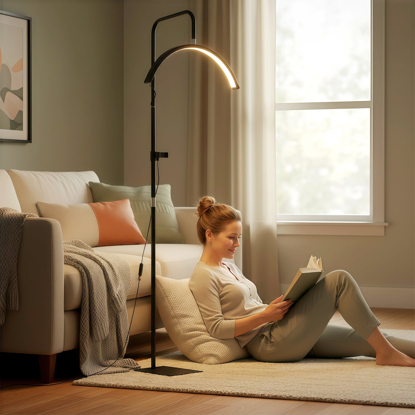 HOMCOM Half Moon Lash Light, Beauty Floor Lamp with 350Â° Rotatable Head, 7 Colour Temperature and Phone Holder, Dimmable Standing Lamp for Eyelash Extension, Tattoo, Nails, Skincare, Black