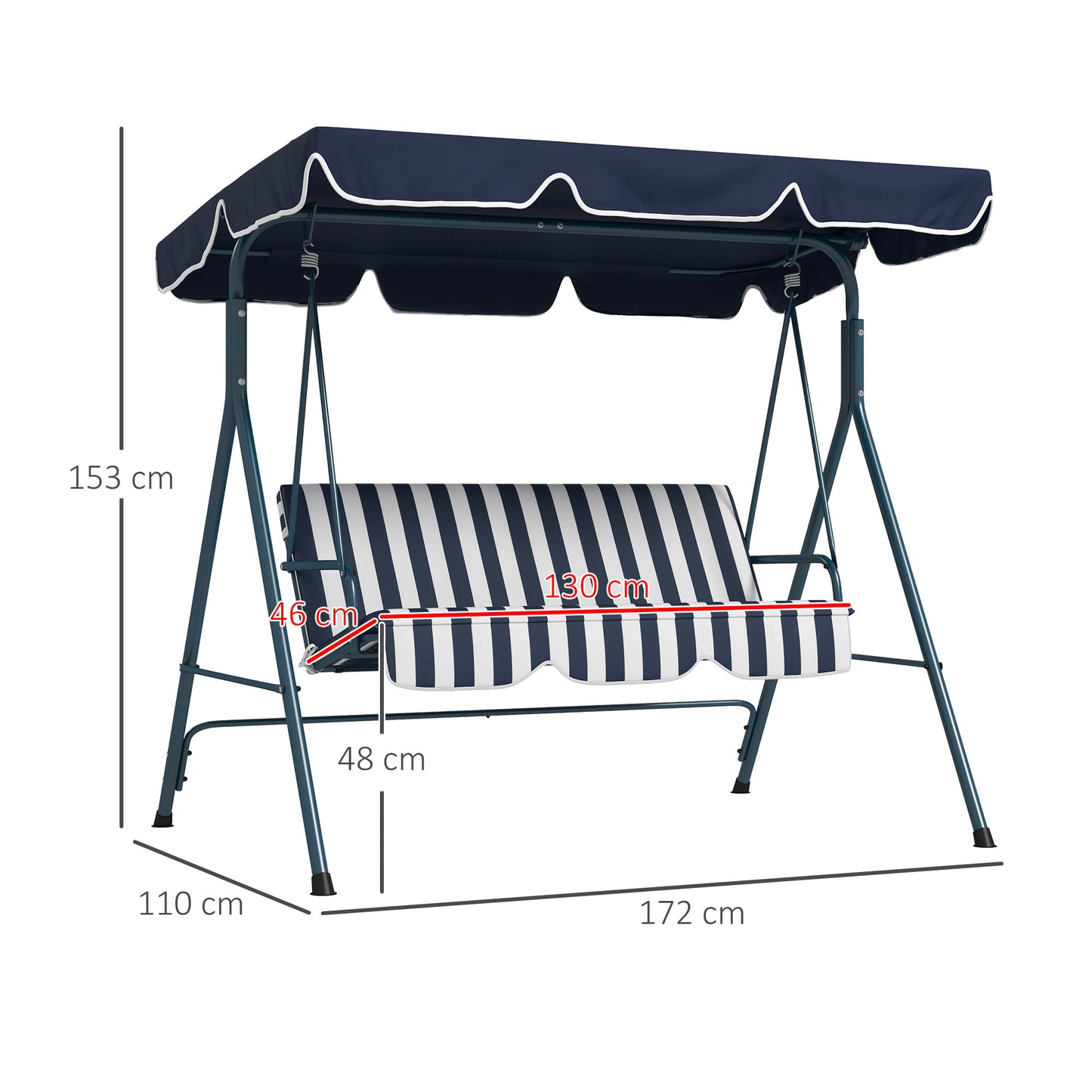 Outsunny 3 Seater Garden Swing Chair, Outdoor Swing Chair with Adjustable Canopy, Mental Frame & Cushions, Blue