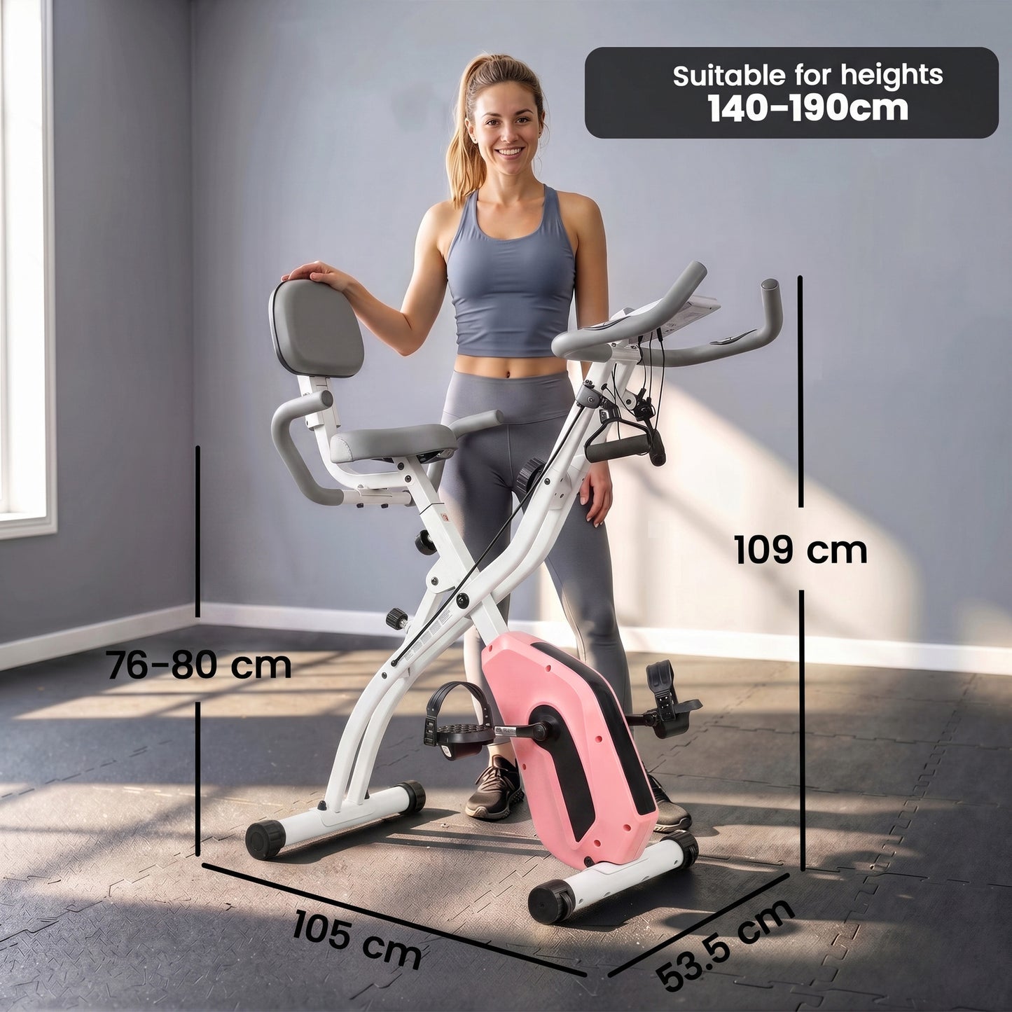 SPORTNOW 4-In-1 Folding Exercise Bike with Resistance Bands, Bluetooth App, 8-Level Magnetic Resistance, LCD Display, Pink