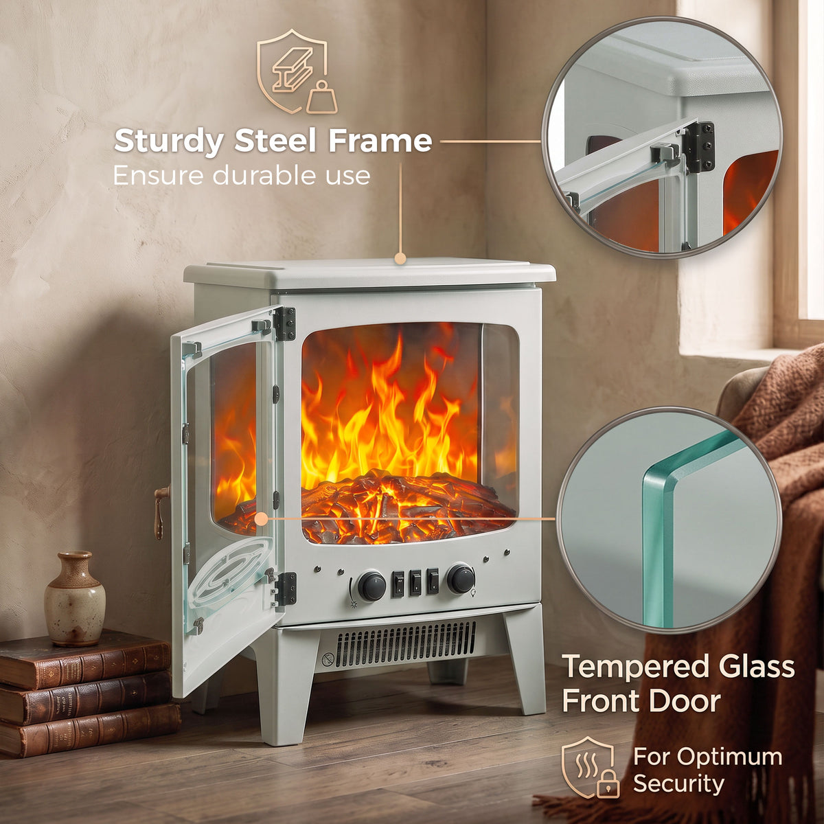 HOMCOM 900W/1800W Freestanding Electric Fireplace, Room Heater with Adjustable Artificial Flame, 3-Sided Tempered Glass, Grey