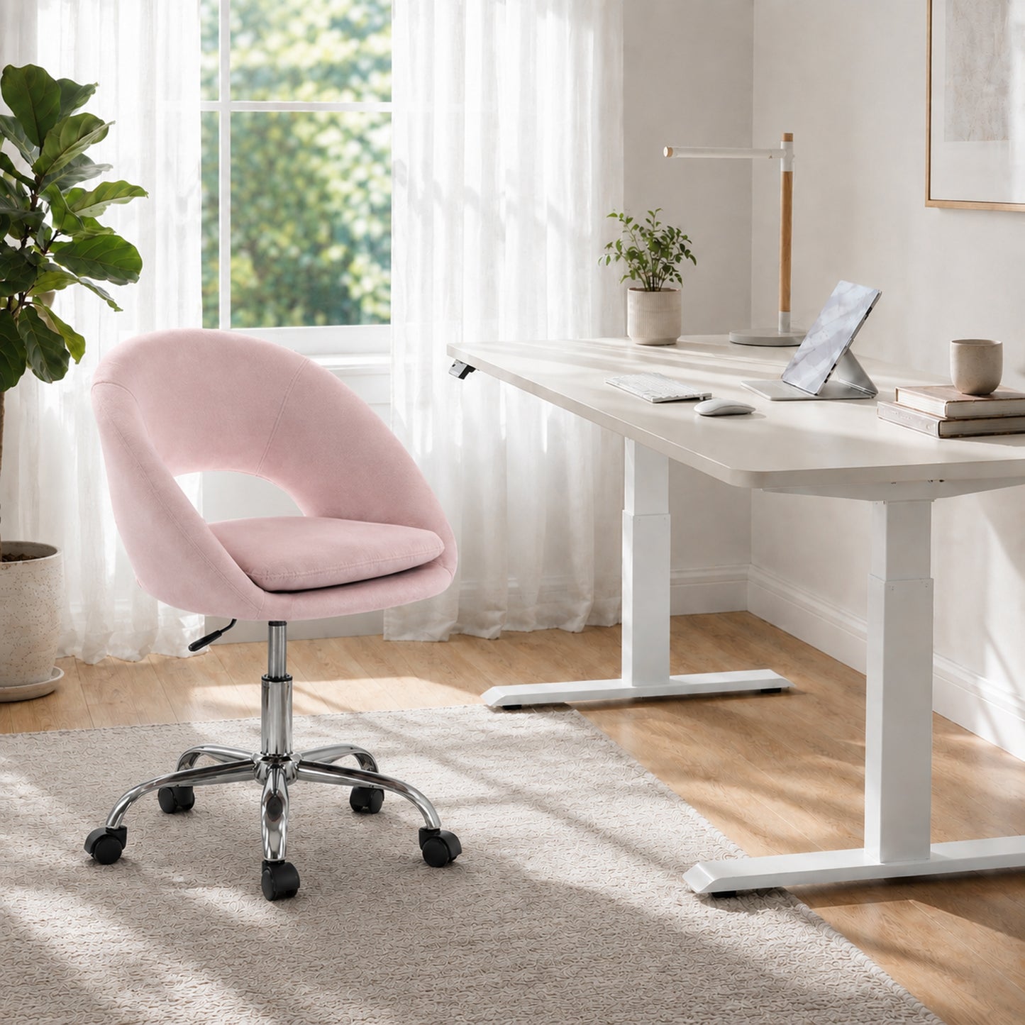 HOMCOM Velvet Desk Chair, Modern Office Chair with Height-Adjustable, Wheels, for Home Study Bedroom, Pink