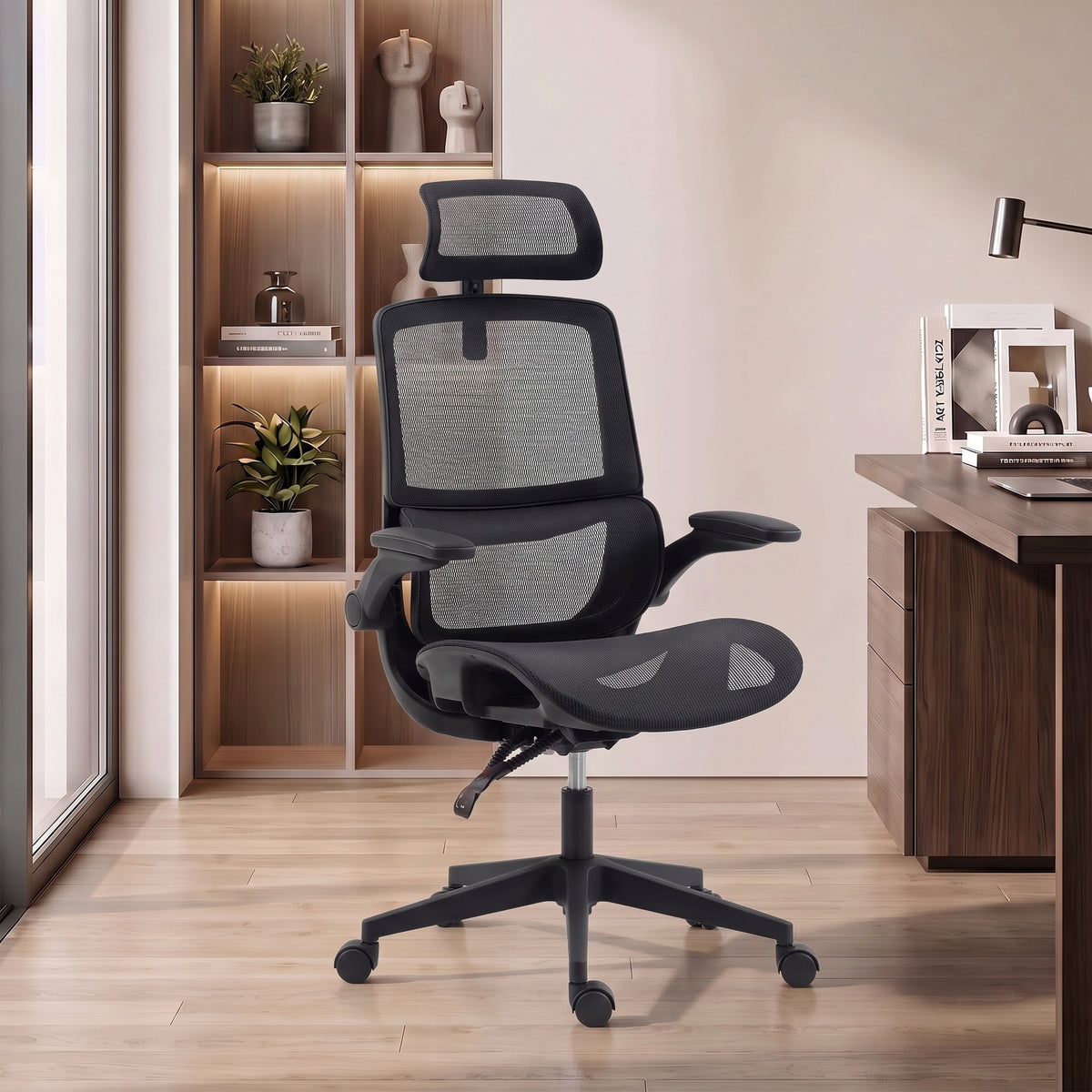 HOMCOM Ergonomic Office Chair with Adaptive Lumbar Support, Reclining Mesh Desk Chair with 2D Headrest, Flip-Up Arms, Black