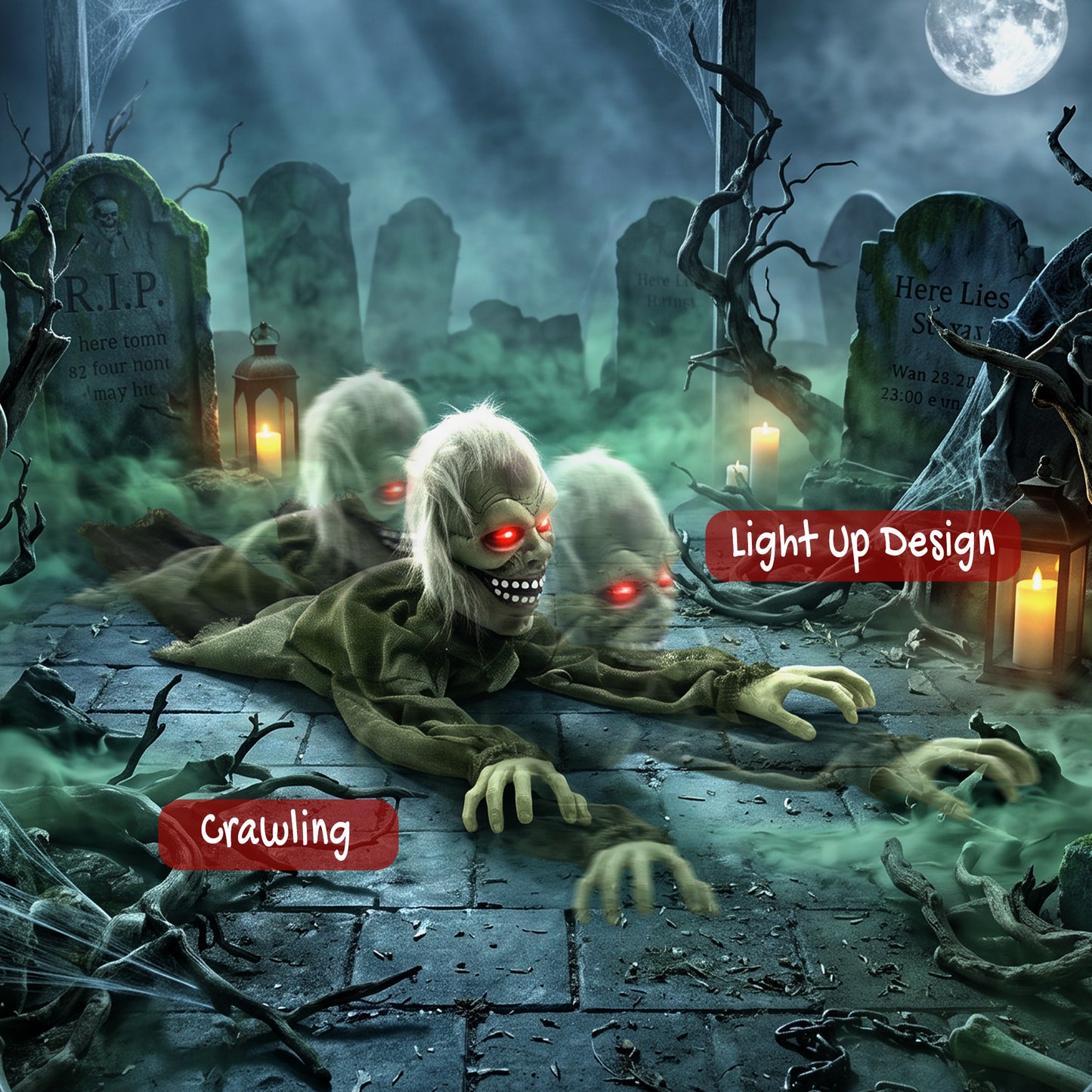 HOMCOM Halloween Decoration Halloween Animatronic Crawling Zombie with Light-Up Eyes and Creepy Sound