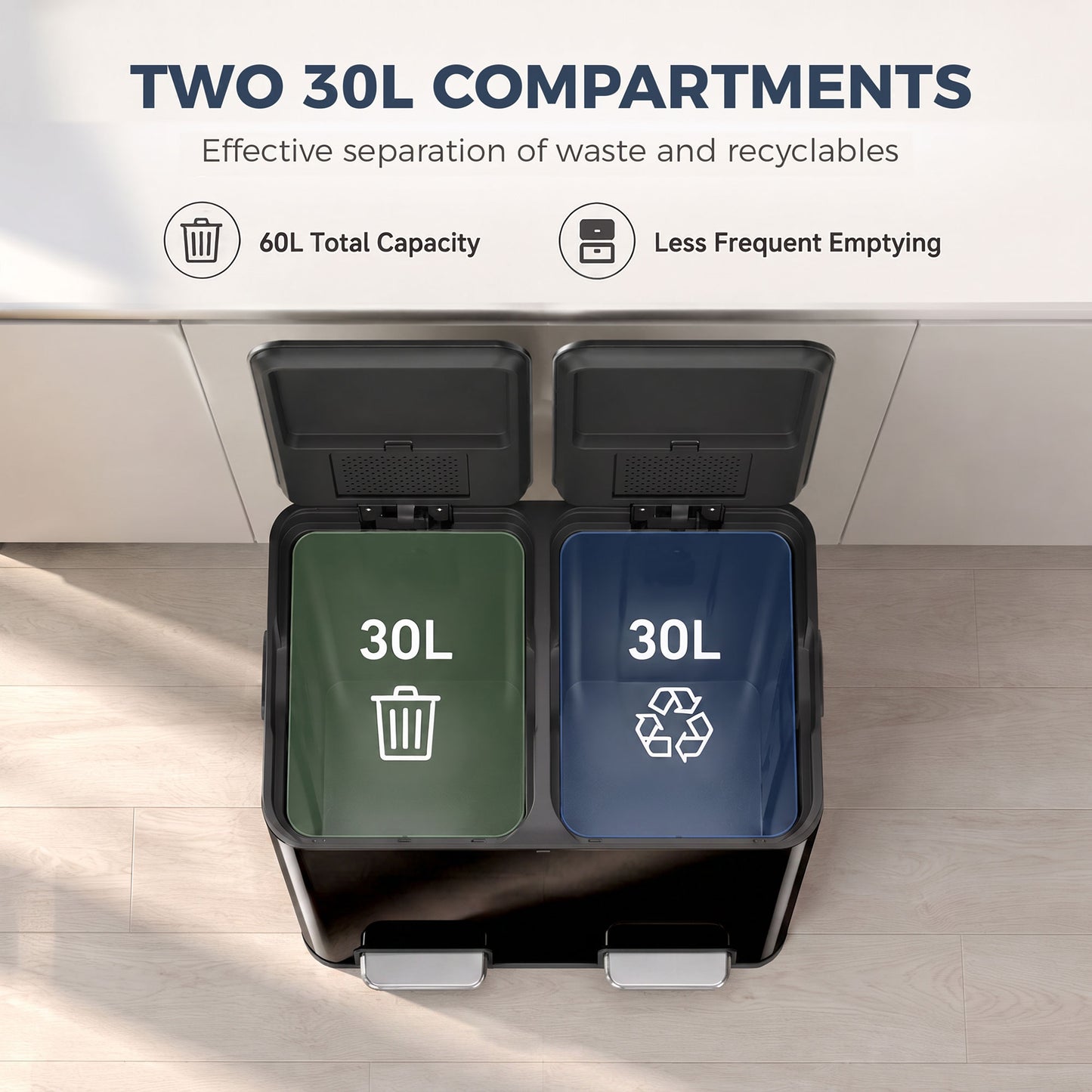 HOMCOM 2 x 30L Double Kitchen Bin, Stainless Steel Pedal Rubbish Bin with Dual Compartments, Soft Close Lids, High Gloss Black